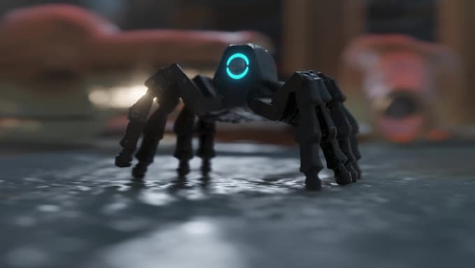 do cinematic 3d mechanical robots animation, sci fi cyborgs, cyberpunk character