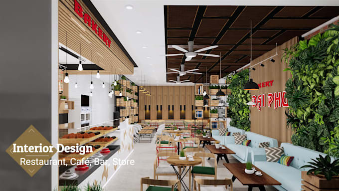 interior design restaurant, café, bar, store with realistic image 3d render