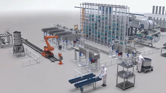 Do 3d industrial animation robotic factory warehouse product assembly ...