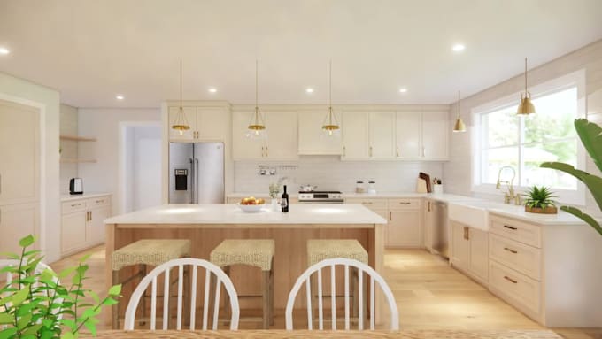 create 3d rendering living room, kitchen design by sketchup