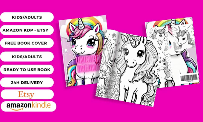 create coloring book pages and book cover for unicorn