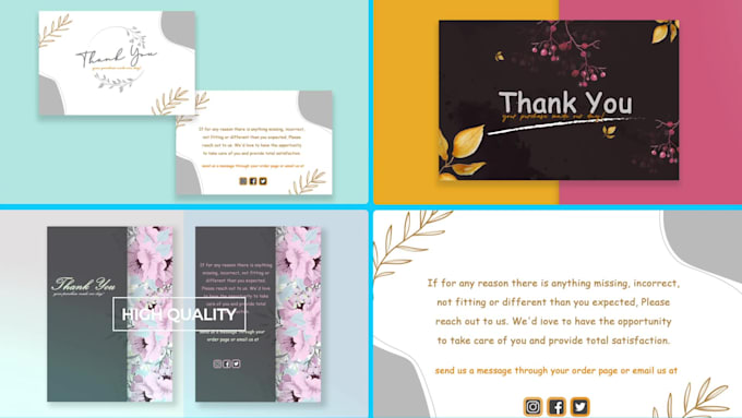 do postcard, amazon thank you card design, product insert, and package insert
