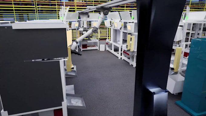create 3d factory automation, robotics, 3d manufacturing line animation