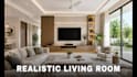 create 3d interior design for living room kitchen and bathroom