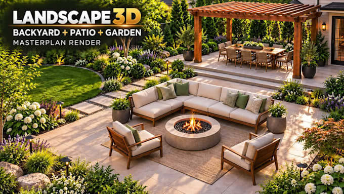 design 3d landscape, backyard makeover, patio and garden masterplan render