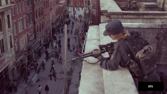 add realistic cinematic vfx explosions, fire, smoke, gunshot effects, rain
