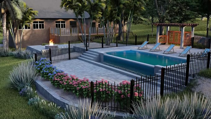 do landscape design of front, backyard, pool, patio, and terrace