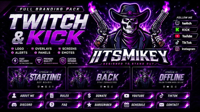 create an animated  twitch overlay, alerts, and esports logo, kick