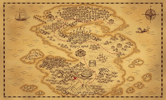 draw a detailed hand drawn fantasy map for your dnd or rpg world