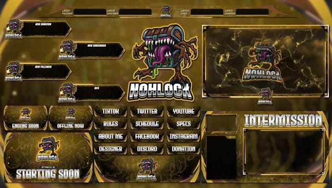 design twitch stream overlay, logo, animated graphic package