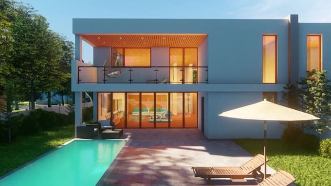 design house, villa, 3d exterior rendering and walkthrough
