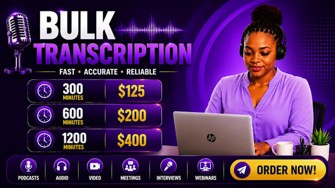 transcribe bulk podcasts, interviews audio and video recordings