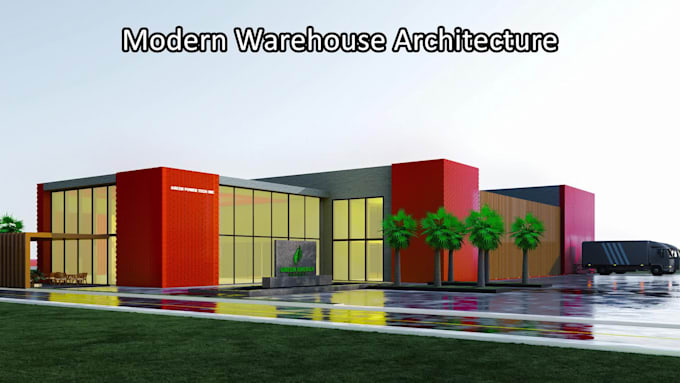 do warehouse factory 3d exterior rendering, modern 2d layout