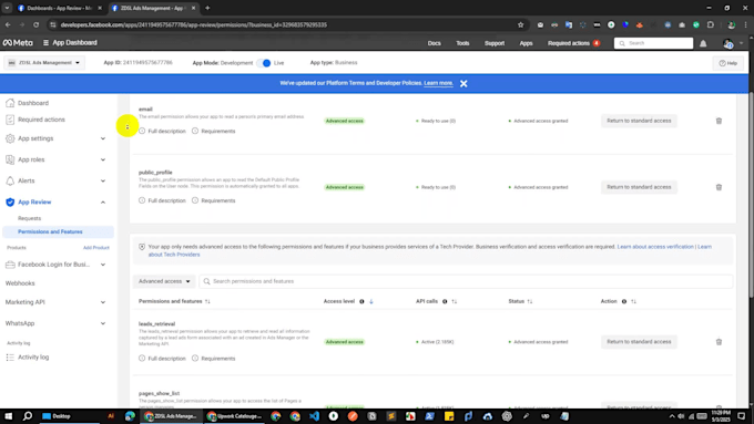 do facebook graph API permissions approval for meta app
