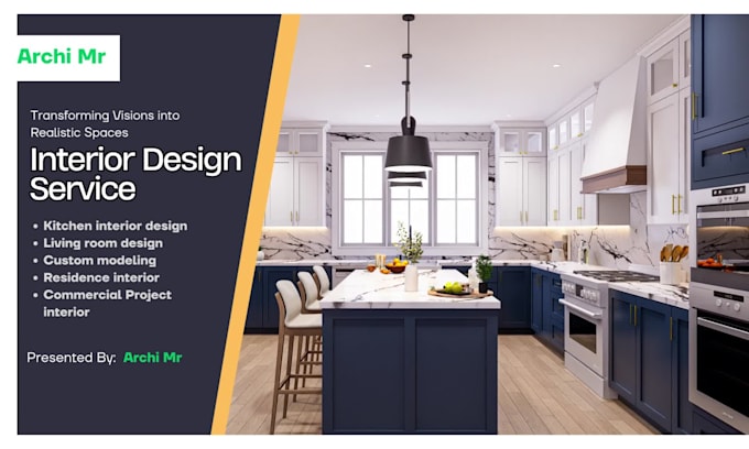 design a kitchen interior with 3d rendering and 2d drawings