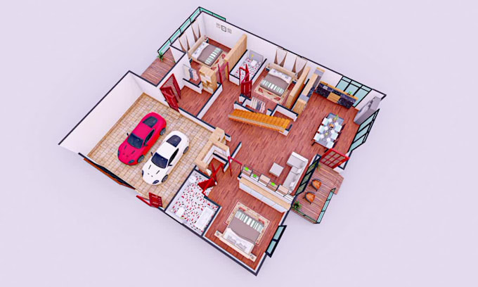 create a 3d floor plan with furniture and realistic rendering