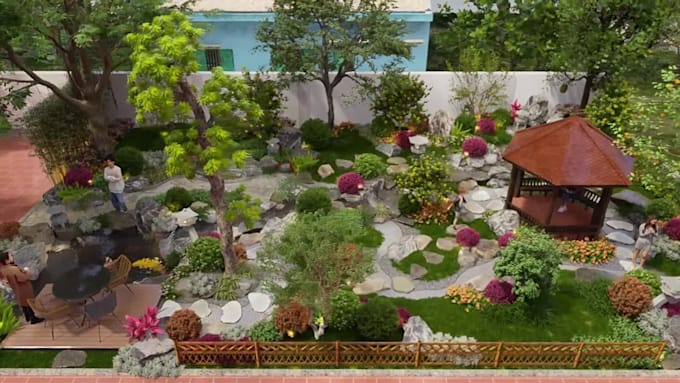 create a 3d japanese garden, zen garden, or koi pond design