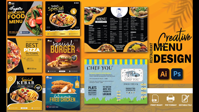 create a professional menu, restaurant menu flyer, food menu, or animated menu