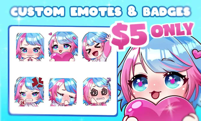 make chibi twitch emotes, animated emotes, sub badges, vtuber, stream, discord