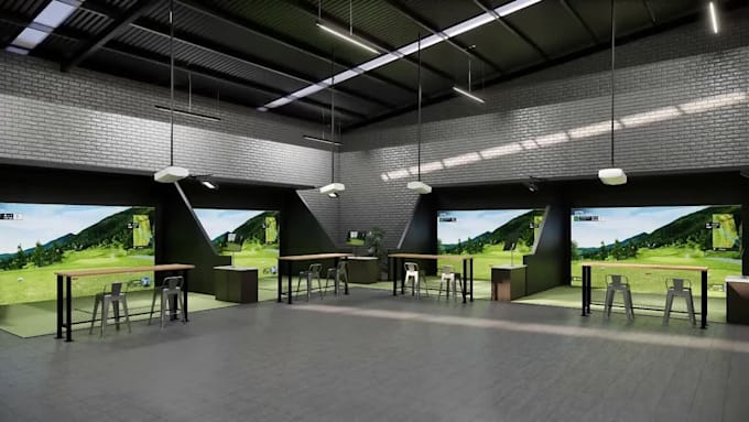 create realistic 3d indoor golf simulator room renderings
