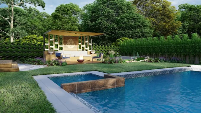 design garden, backyard, pool, patio, terrace landscape 3d environment