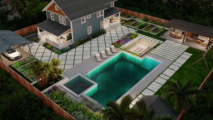 do backyard landscape design, garden, fireplace, pool, deck and patio design
