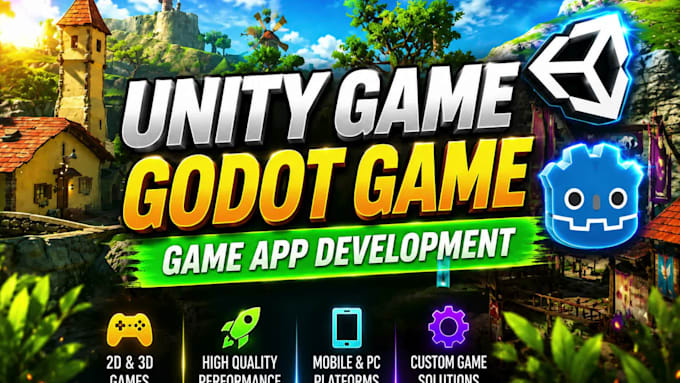 develop 2d or 3d game in godot game or unity game, unity game development