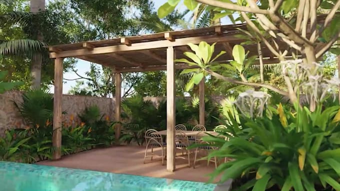 design house yard ,pool,patio, villa outdoor landscape