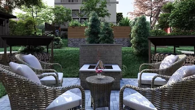 render 3d front backyard, outdoor living deck, garage carport, sauna, courtyard