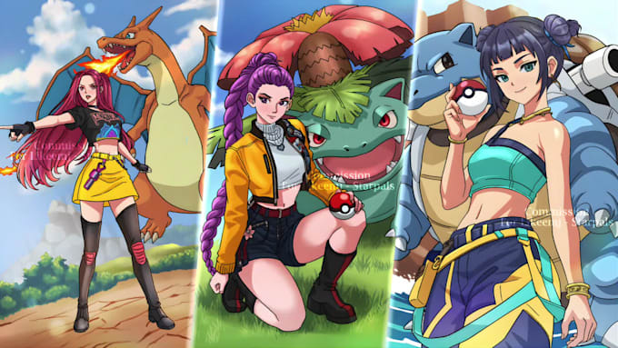 draw pokemon trainer and your team concept art