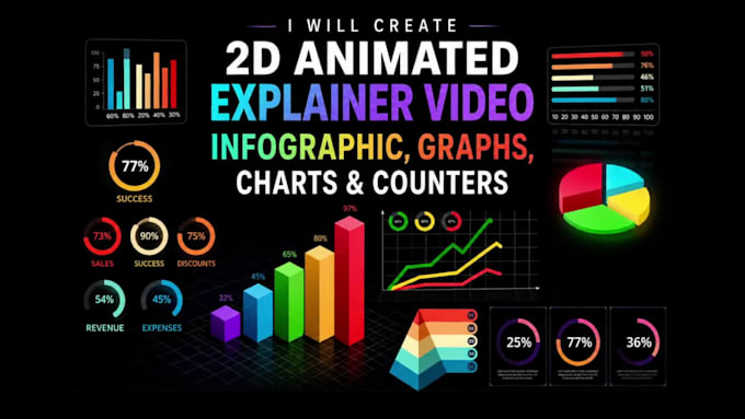 create a 2d animated explainer video, infographic, graphs, charts and counters