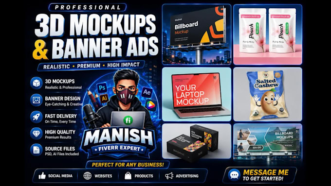 design realistic 3d billboard, packaging, and banner mockups