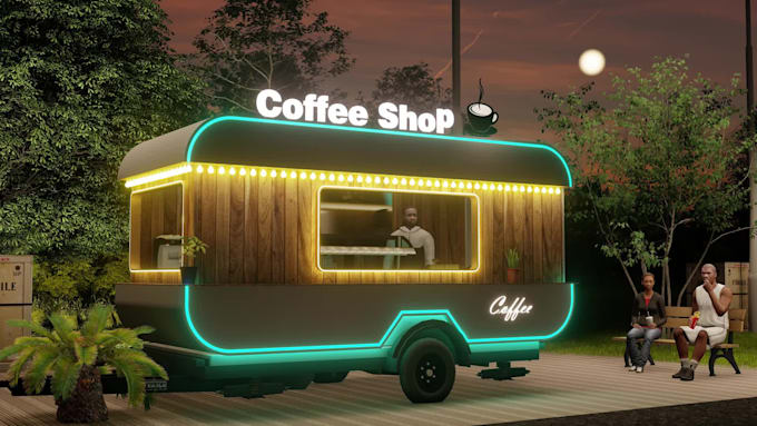 3d design and render food truck, container, van, stall, stand, booth, bus, kiosk