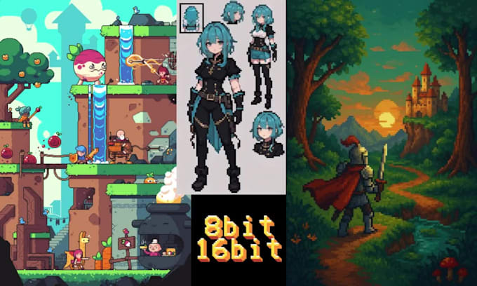 do 8bits 16bits 32bits pixel art spritesheets, tilesets, lofi loops wallpapers