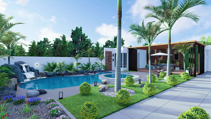 do your backyard landscape design pool, fire place, patio, hot tub, garden