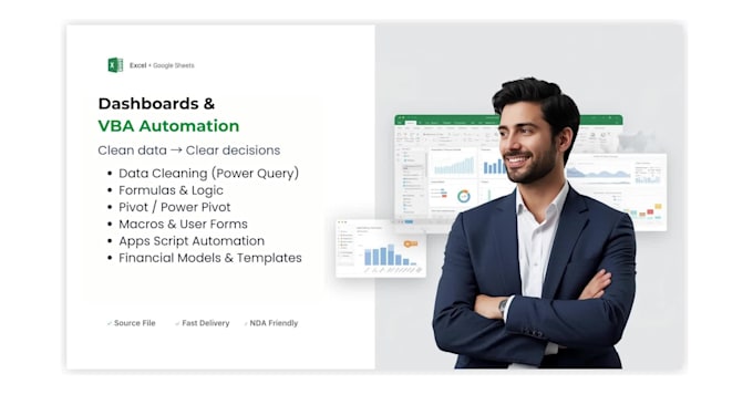do excel dashboards, excel vba, excel formulas, macros and google sheets