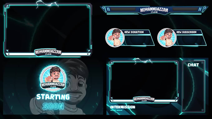 design animated twitch stream overlay, logo, panels, screens, alerts