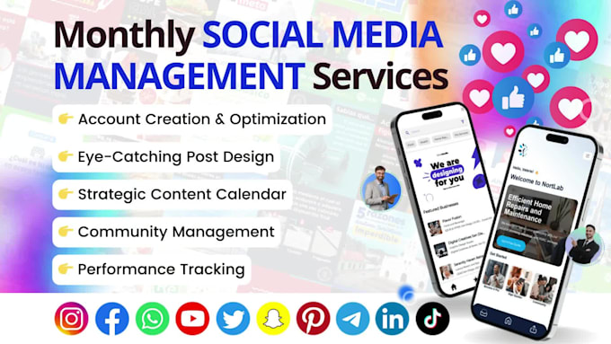 offer monthly social media marketing services with account creation, post design