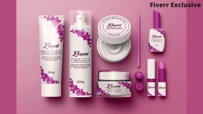 create  elegant cosmetics label design, pouch design and box design