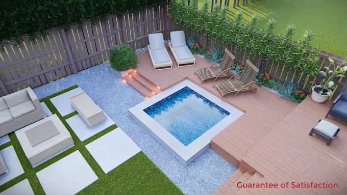 design your pool, backyard, garden, landscape 3d rendering with existing yard