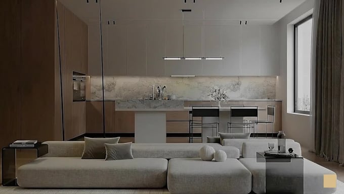 provide a modern living room interior design and 3d rendering