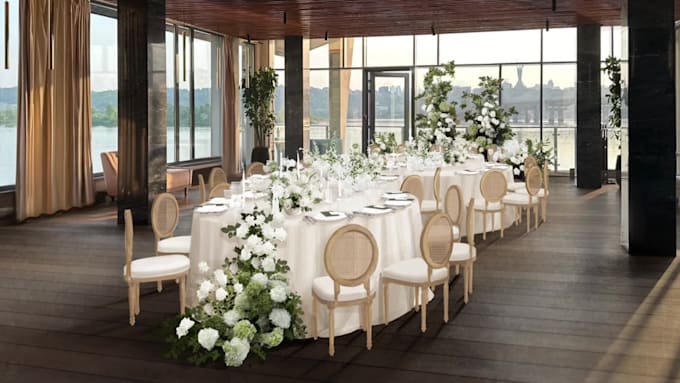 draw 3d render of custom wedding decor, ceremony layout, event design sketch