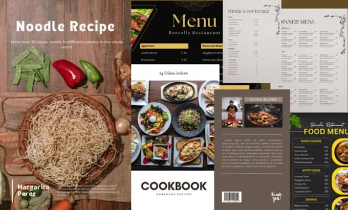 editable canva cookbook, restaurant menu prices list, diet meal plan template