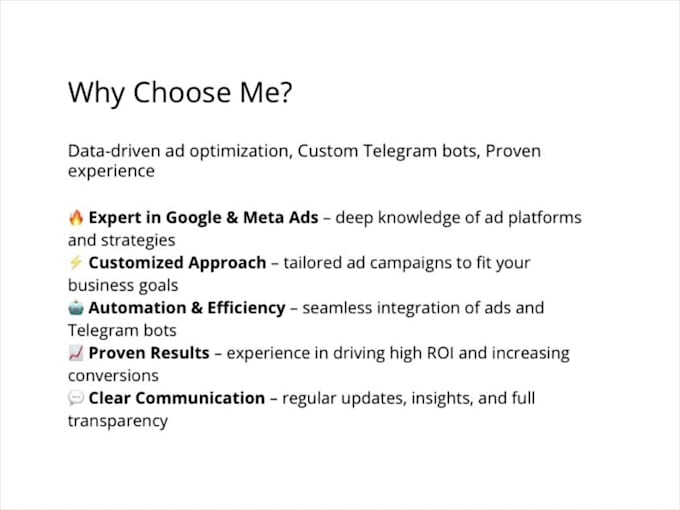 manage google ads, facebook ads, and develop telegram bots for automation