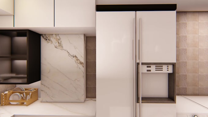 create stunning 3d kitchen, dining interior design, and realistic visualization