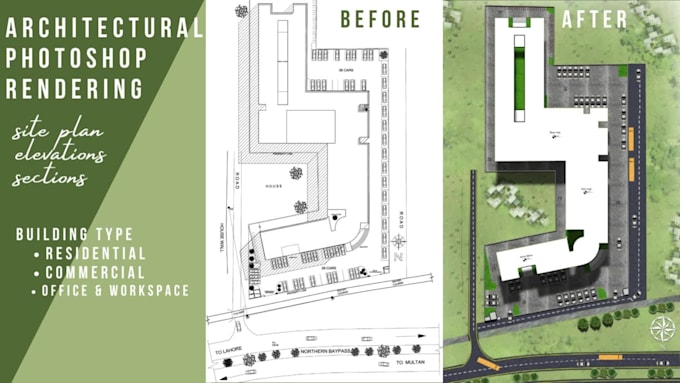 Architecture render plan, elevation in photoshop by Amnarashid383 | Fiverr