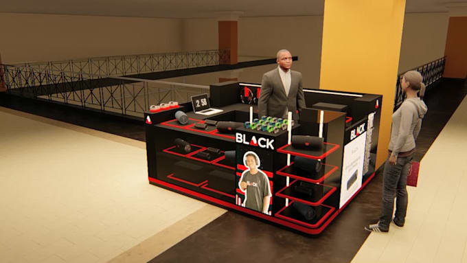 design a custom gadget kiosk with 3d model and branding