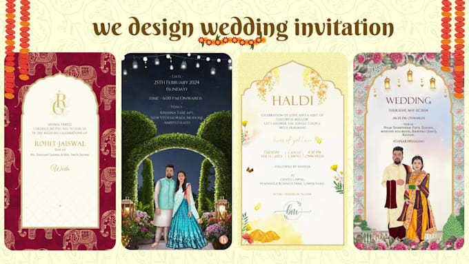 create an digital indian wedding invitation and caricature video