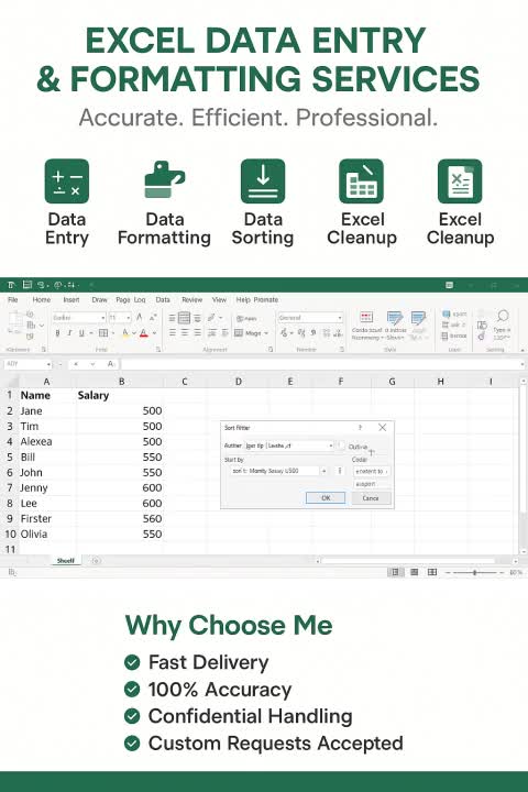 do excel data entry, formatting, sorting, data merging