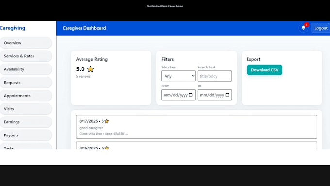 develop full caregiver platform agency, client and caregiver dashboards